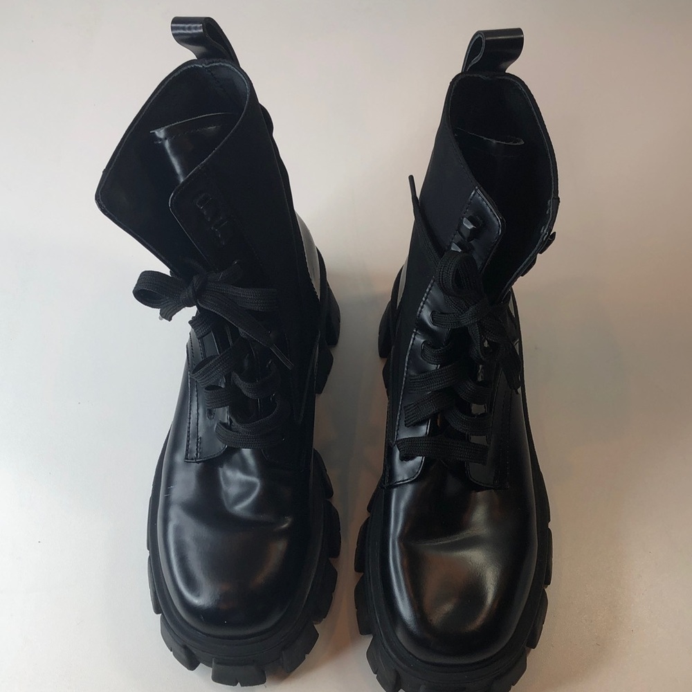 Prada Black Leather & Nylon Lug Sole Platform Combat Boots EU 38 Made in Italy - Picture 8 of 17